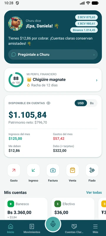 Inicio con saldo total, tasas del día y perfil financiero